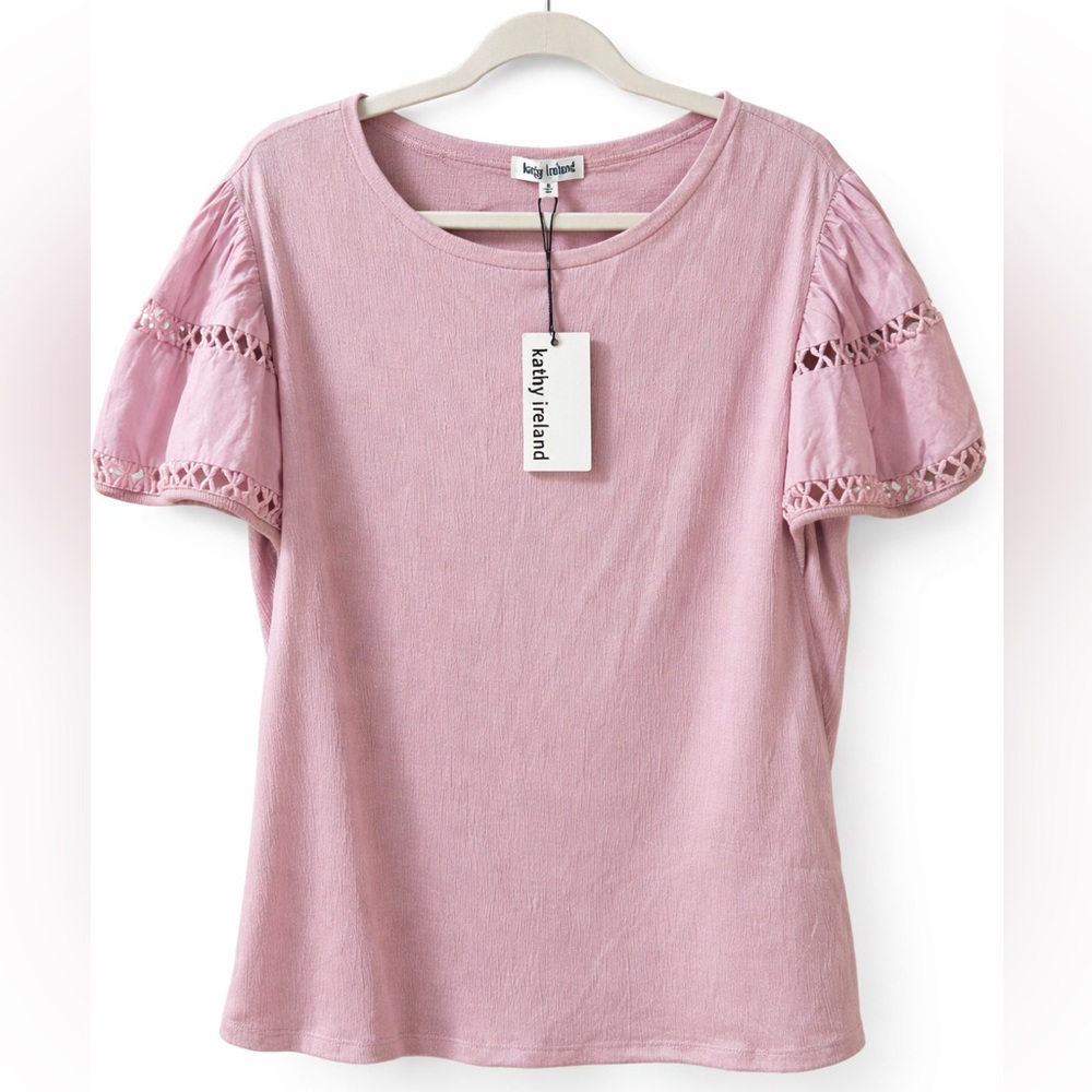 Kathy Ireland Lilac Blush Top Puff Sleeve Lace Detail Size M NWT Cottagecore